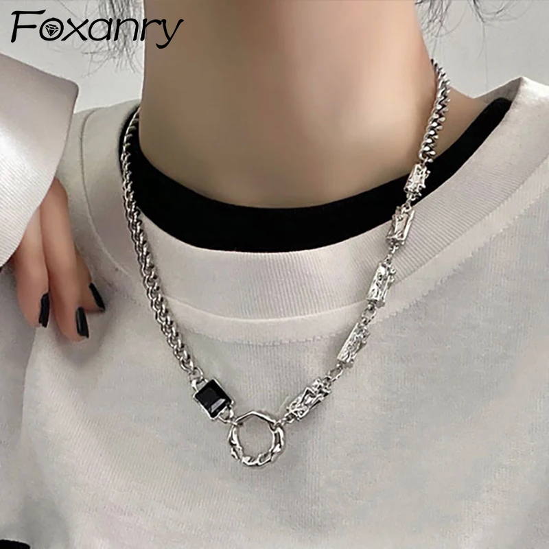 

Цепочка Foxanry с черными фианитами, ожерелье до ключицы, новая модная простая нестандартная круглая Геометрическая ручная работа, украшения д...