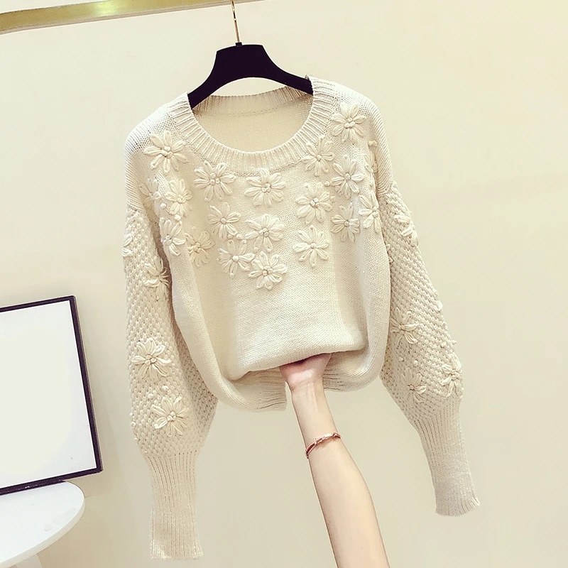 Flower Embroidery Knitted Women Sweater Pullovers Winter New Lantern Sleeved Solid Loose Female Pulls Outwear Coats Tops