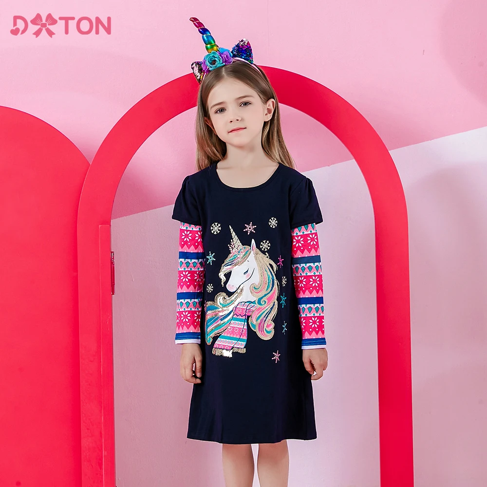 

DXTON Girls Casual Dresses Kids Unicorn Appliqued Cotton New Year Dress Children Birthday Clothes Toddler Xmas Frocks Costumes
