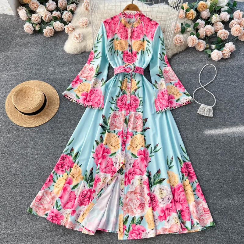 

Hikigawa Sping Summer New European American Ins-style Printed A-line Dresses Elegant Temperament Flare Sleeve Vestidos Mujer