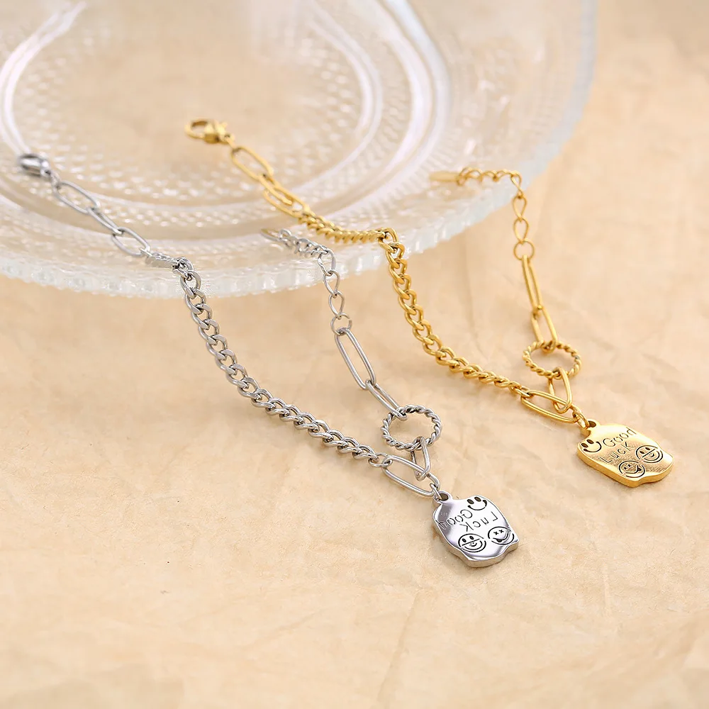 Браслет из титановой стали с улыбкой на удачу 18-каратное позолоченное