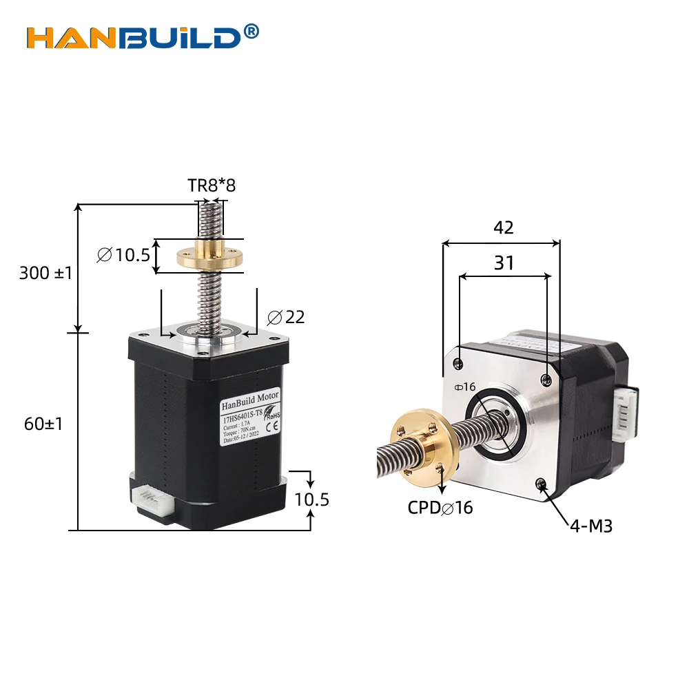 Шаговый двигатель nema17 60 мм 1 7 А 70 Н.см 42 T8 с ходовым винтом 4-выводной 17HS6401S-T8 для