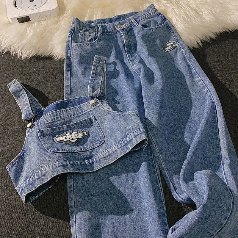 Women Summer Denim 2 Piece Set Strapless Sling Design  Sleeveless Short Tops and Loose Wide Leg Jeans Streetwear Two Piece Suits