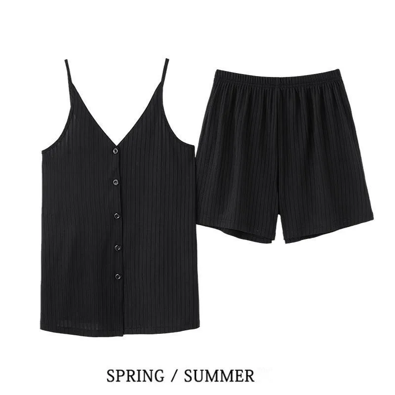 Simple Senior Sense Sleepwear Women Summer Casual Pajamas Cardigan Undershirt Doll Collar Suspenders Shorts Sexy Home Wear