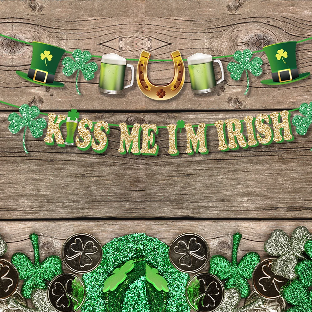 

St Patrick's Day Lucky Four-leaf Clover Party Wall Hanging Paper Letter KISS ME I'M IRISH Party Banner Irish Party Decorations