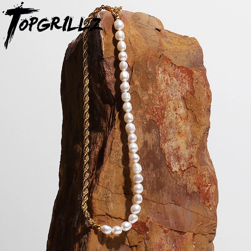 

TOPGRILLZ No Fading Waterproof Brass Ins Rope Chain Natural Pearl Stitching Necklace Punk Style Women's Jewelry 43cm+5.6cm