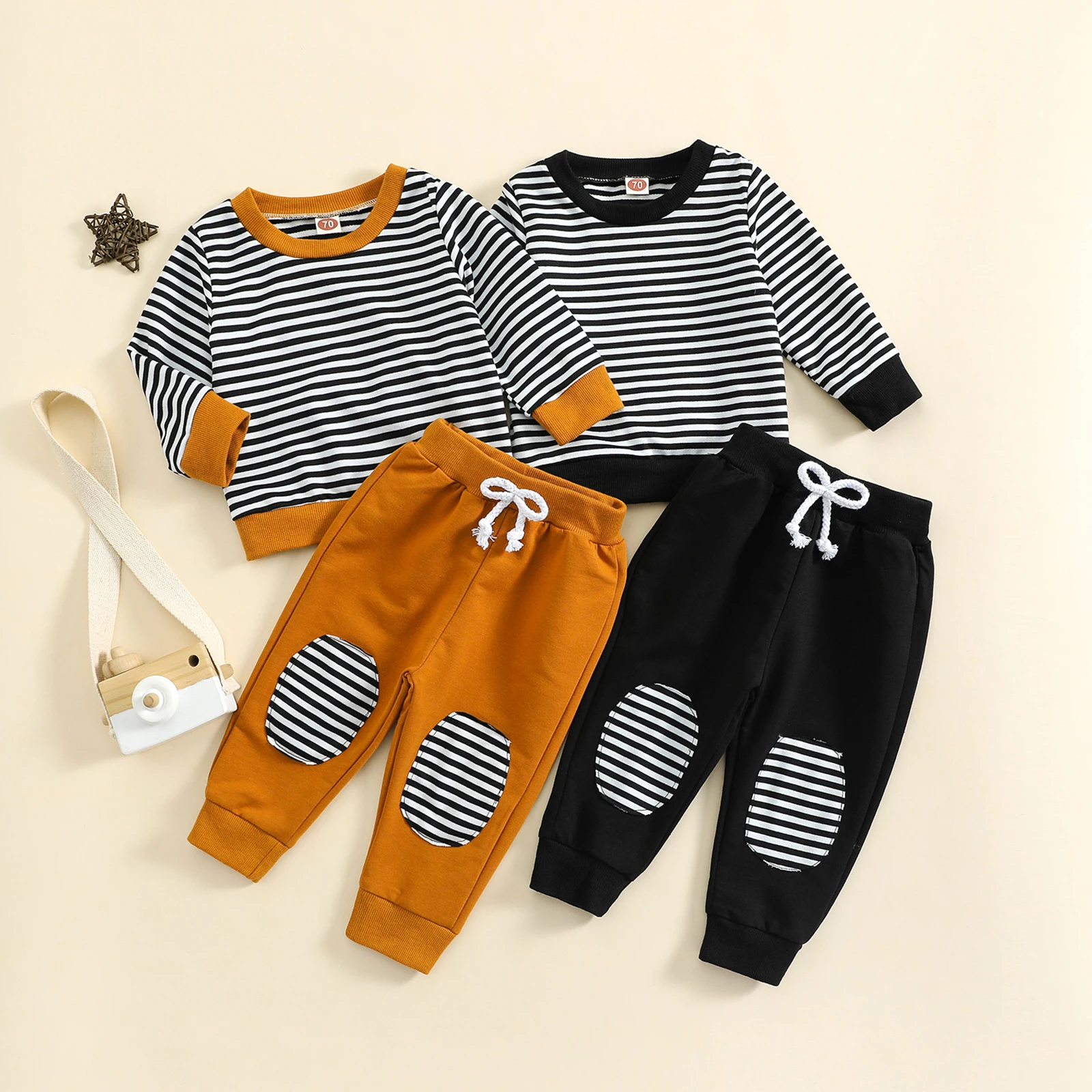 

Комплект из двух предметов для мальчиков 0-3 лет, свитшот с длинным рукавом и штаны в полоску, в стиле пэчворк, комплекты одежды на весну-осень