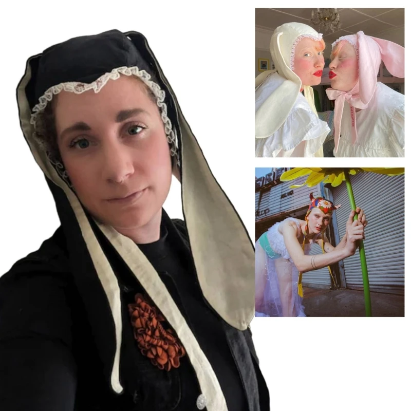 

MXMB Girls Rabbit Hat Y2K Horn Rabbit Ears Hat Lace Horn Gifts Теплая шапка на Хэллоуин