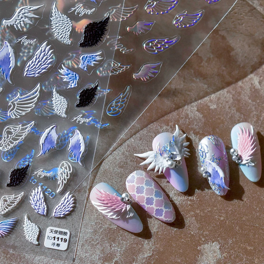 

New Craft Cute 3D Nail Art Sticker Japanese Adhesive Embossed 5D Angel Wings Design Decals Nail Art Decoration Stickers Supplies