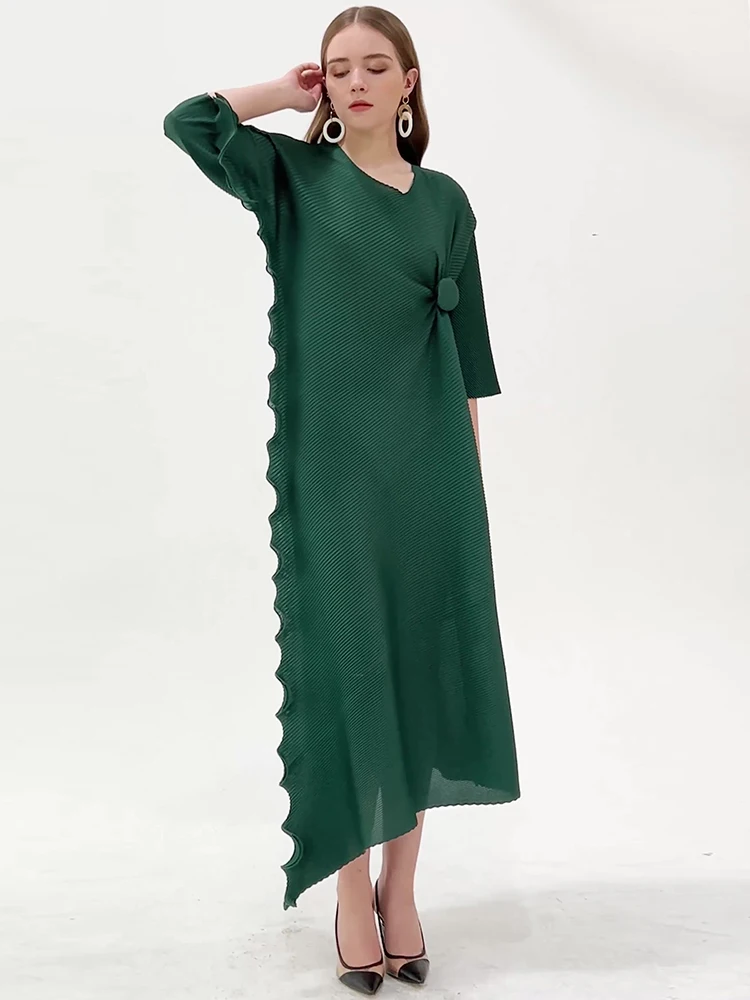 Delocah High Quality Summer Women Fashion Runway Asymmetrical Dress Half Sleeve Draped Bodycon Pleated Green Print Midi Dresses