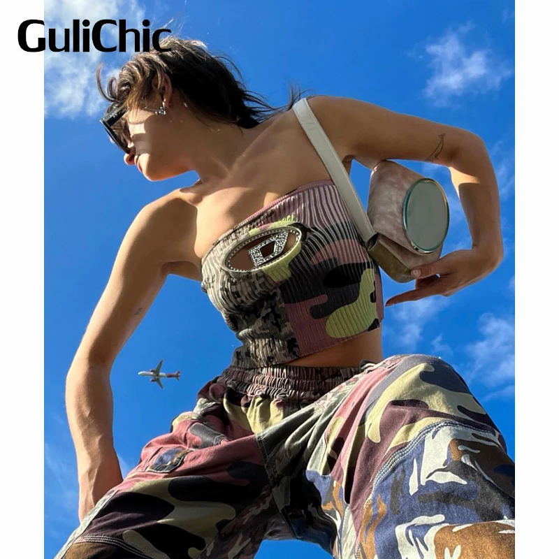 

6.9 GuliChic Women Letter Rhinestone Sexy Hollow Out Strapless Camouflage Print Contrast Color Knitted Tank Top