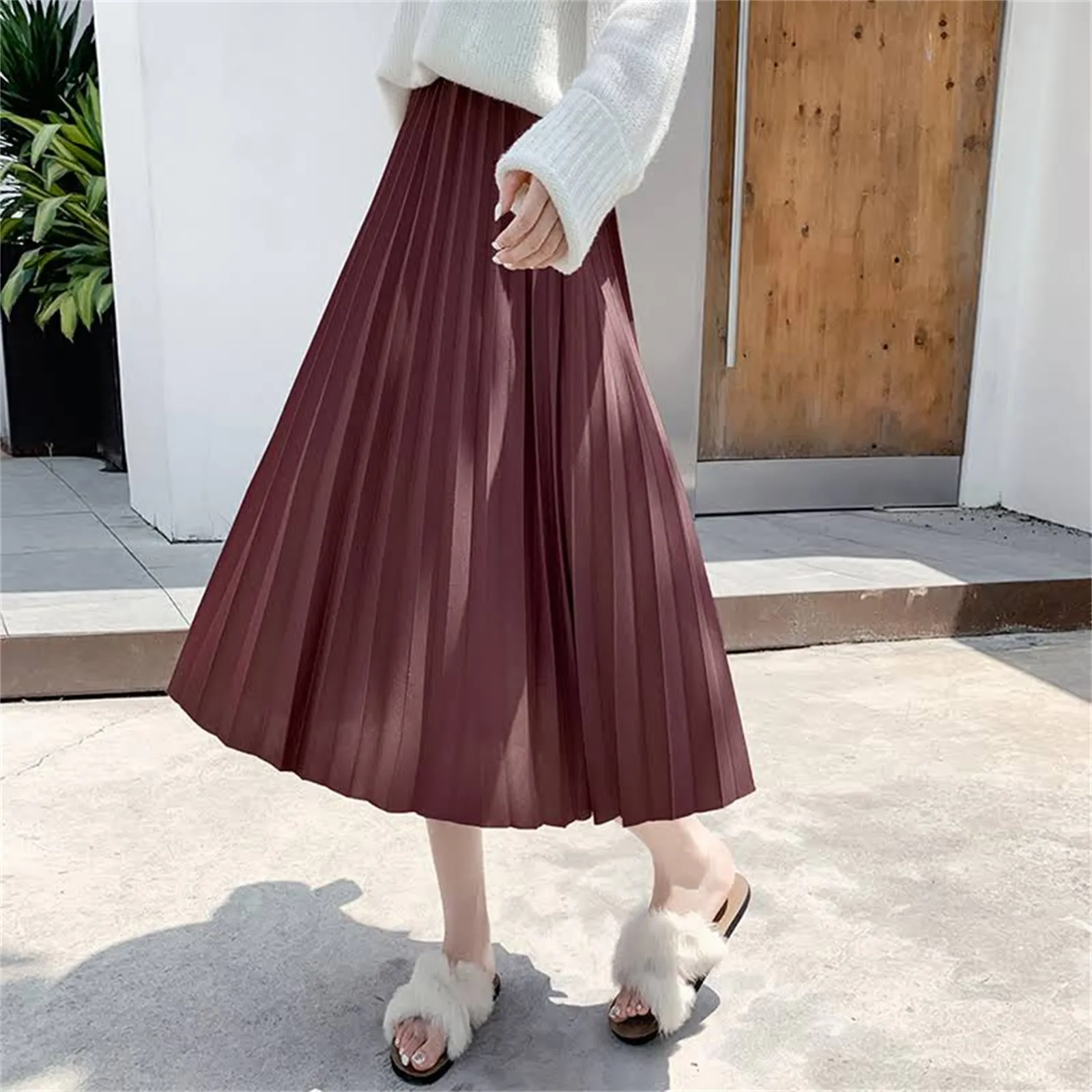 

Lady Loose High Quality Long Skirt Adult Pleated Skirt Elegant Chic Solid Pleated Skirt High Waist Luxury Fashion With Elastic