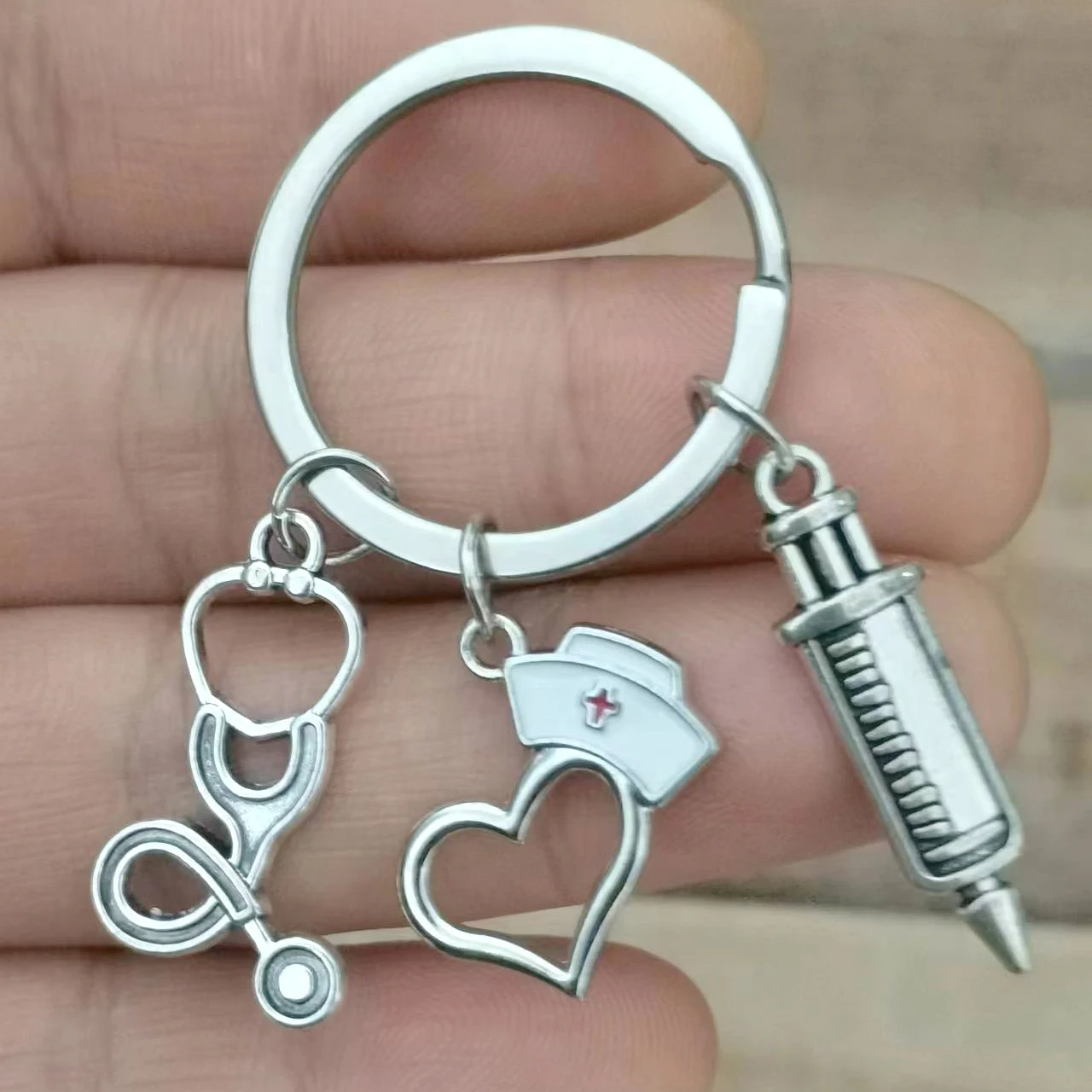 

New Doctor Keychain Medical Tool Keychain Heartbeat Stethoscope Syringe Nurse Hat Keyring Nurse Gift Wearing Handmade Jewelry