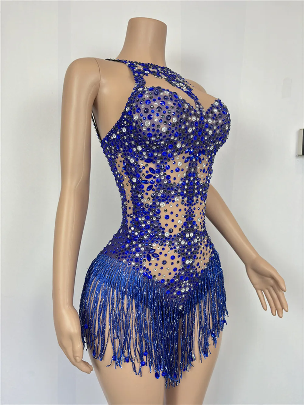 Синее боди с блестящими стразами и кисточками женское сексуальное сетчатое