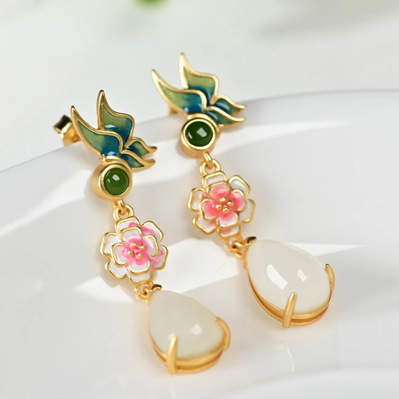 

Original antique enamel porcelain flower drop earrings for women natural Hetian jade light luxury ethnic silver jewelry Gift