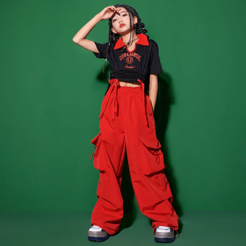 

Hip Hop Girls Crop Top Red Cargo Pants Dance Costume Kids Polo Shirt Joggers Streetwear Clothes Jazz Dancewear Street Outfit