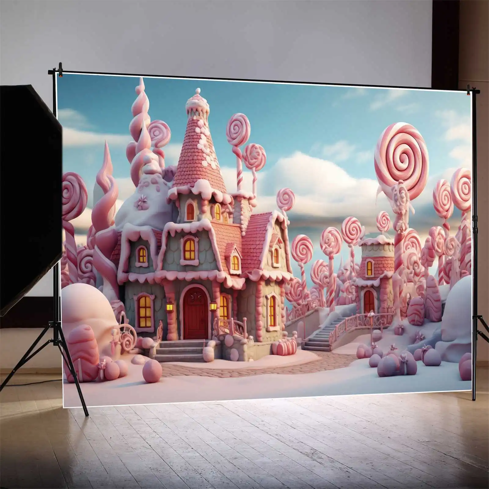 

MOON.QG Backdrop Children Candy Bar Castle Cabin Birthday Background Kids Candyland Sugar Lollipop Bridge Home Party Photo Booth