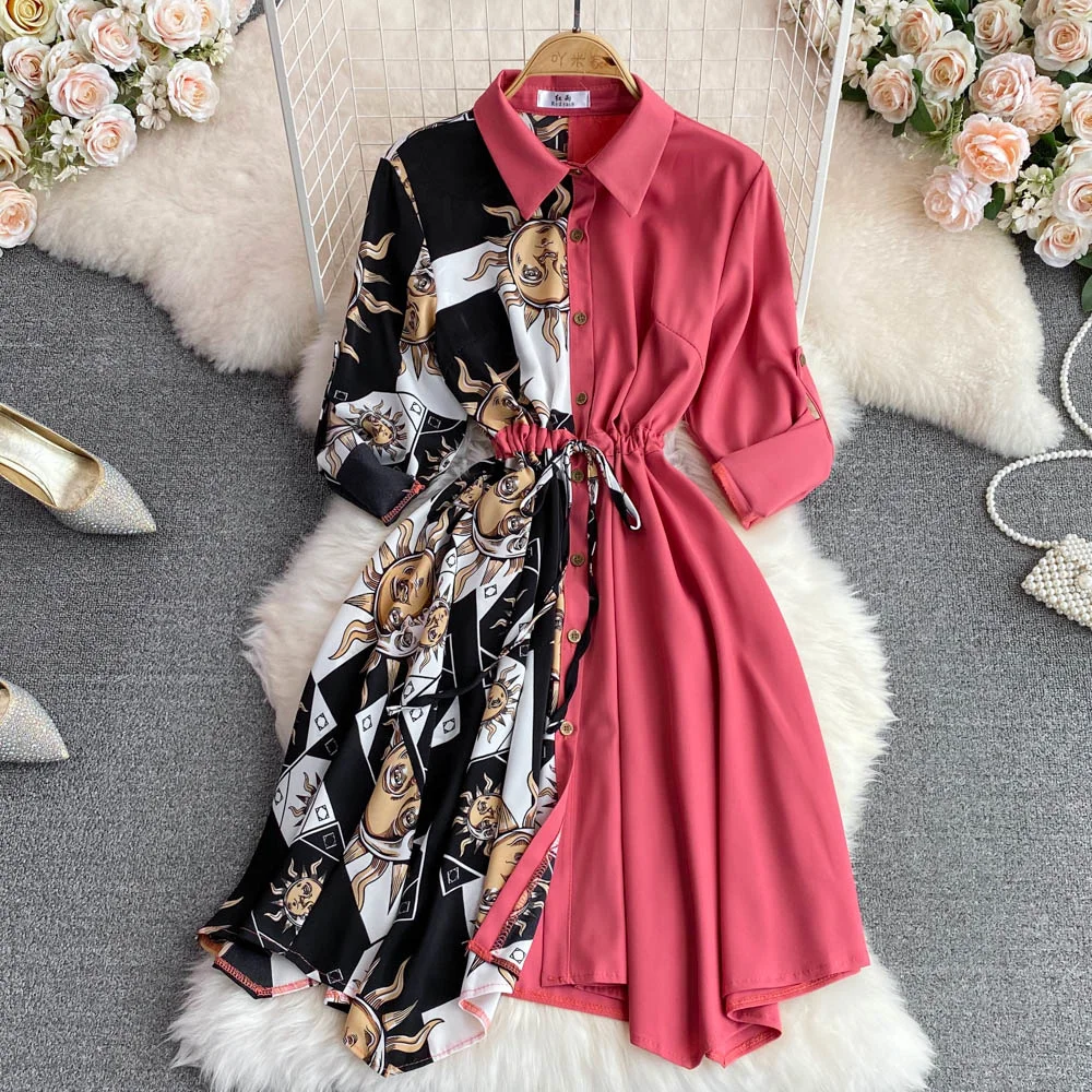 

Autumn 2022 New Slim Midi Shirt Dress Women Fashion Patchwork Long Sleeve Belt Close Waist Shirt Dresses Girls Street Work Dress