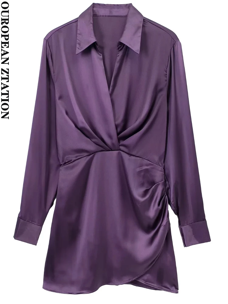 

PAILETE Women 2022 fashion with gathered satin mini dress vintage v neck long sleeve female dresses vestidos mujer