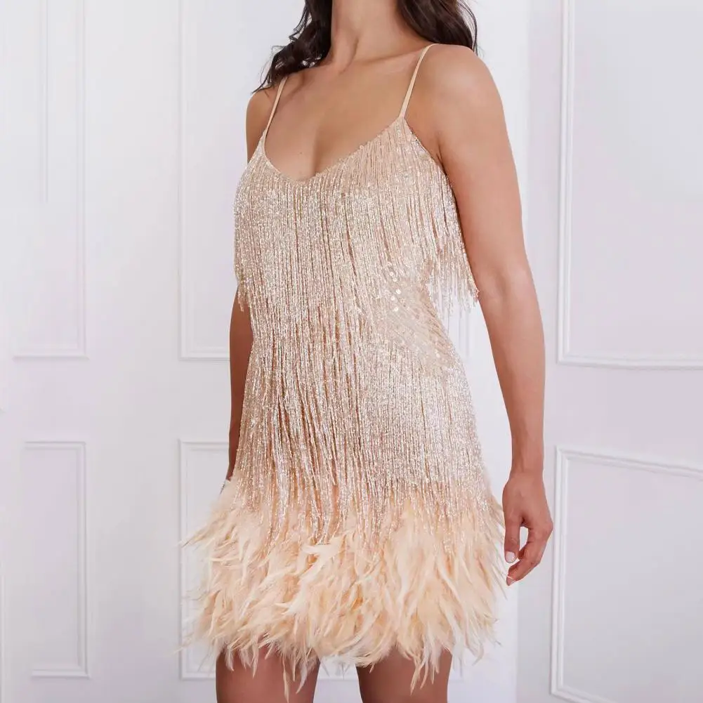 

Women Party Dress V-Neck Backless Off Shoulder Hip Wrap Dress Sexy Fringed Sequin Feather Stitching Dress Female Clothing