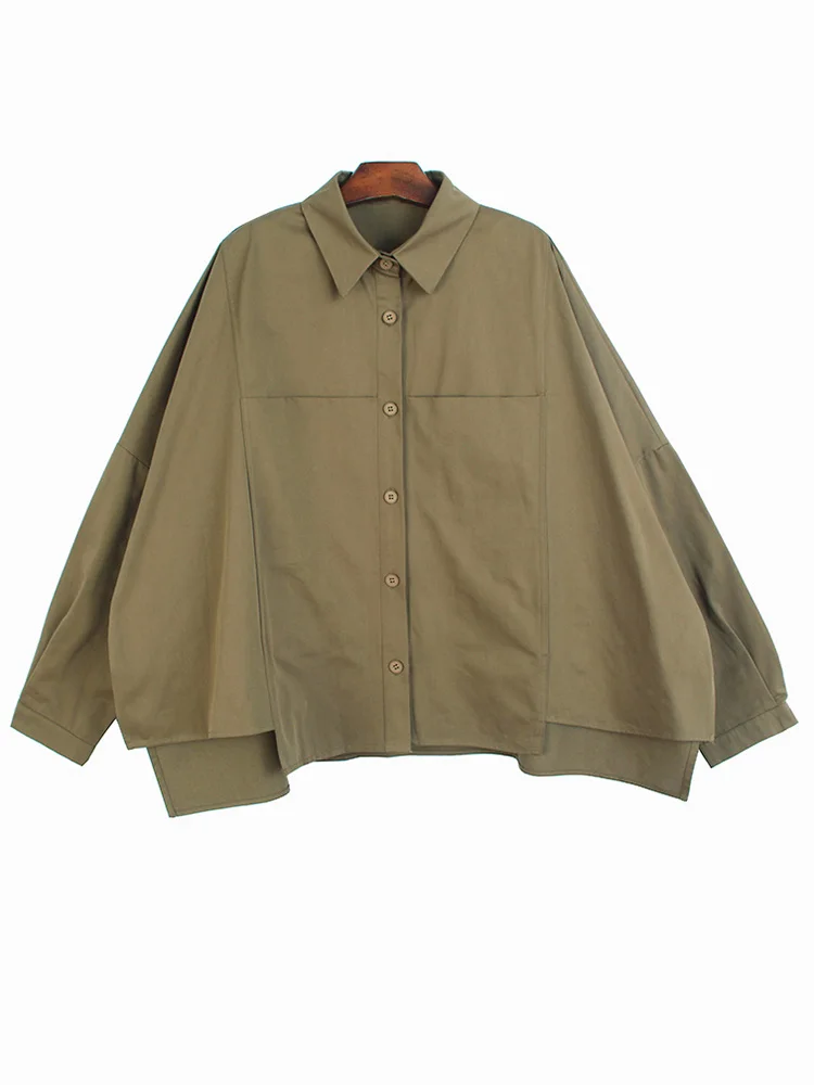 

Women Khaki Irregular Big Size Blouse New Lapel Long Sleeve Loose Fit Shirt Fashion Tide Spring Autumn 2023 M846