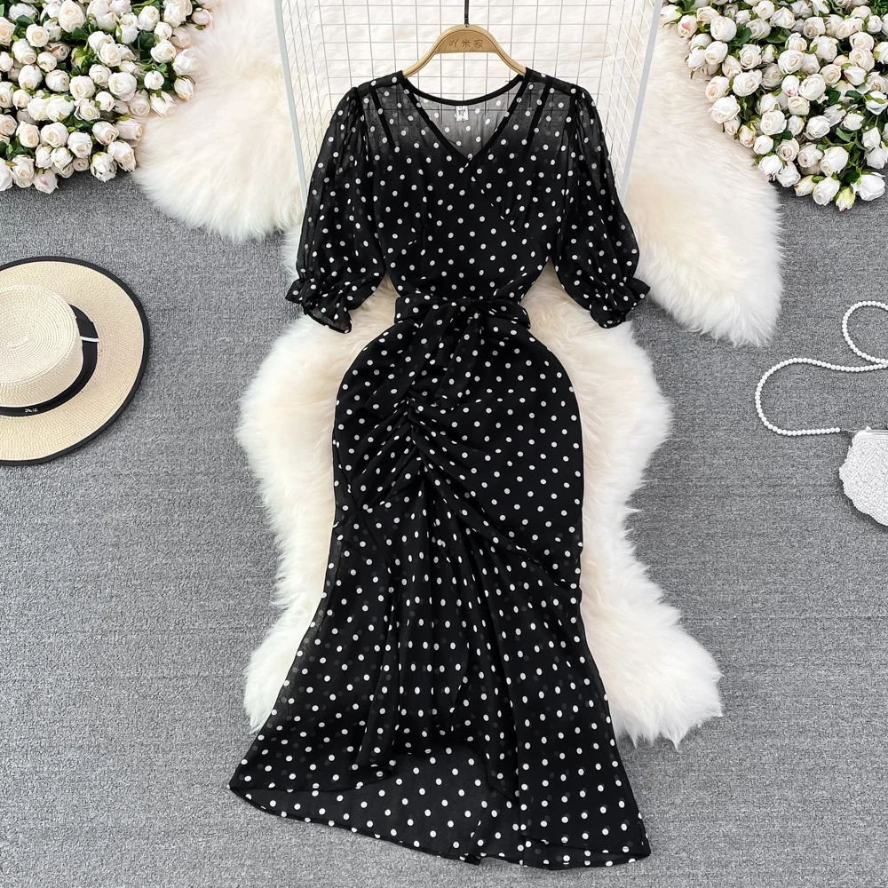 

Summer Light Mature Style Temperament Elegant Fashion V-neck Bubble Sleeve Slim Polka Dot Chiffon Fishtail Package Hip Dress