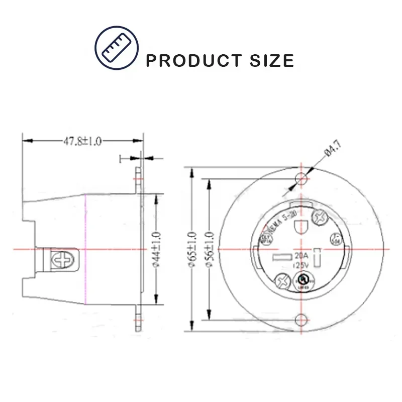 Фланцевая розетка YDA520P 20А 125В черная 3-проводная
