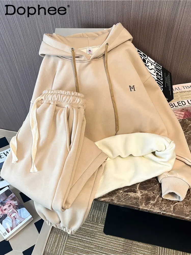 

Velvet Hooded Sweatshirt Suit Women Winter New Embroidered Letter Loose Casual Pullover Coat Track Sweatpants Warm Two-Piece Set
