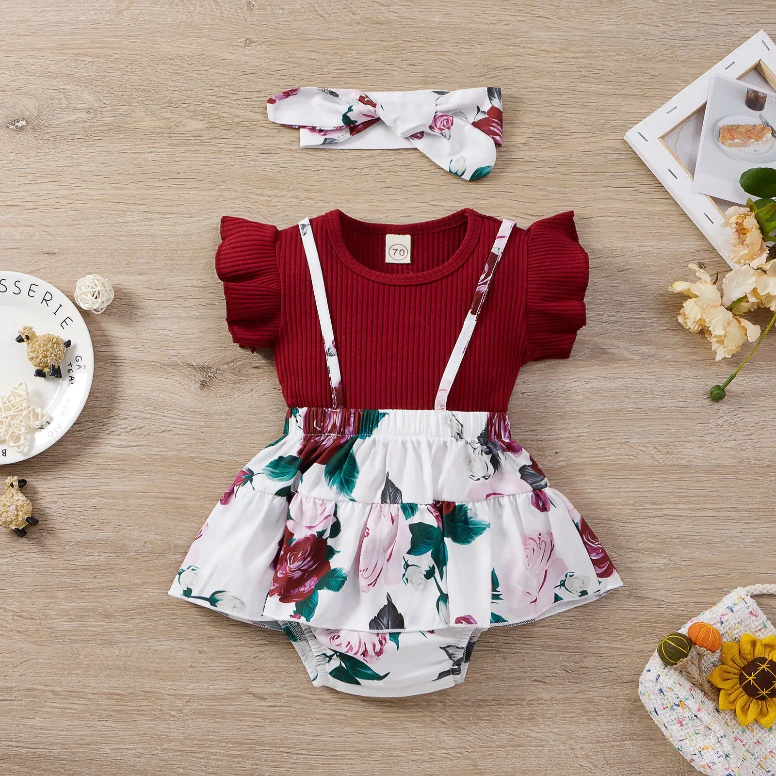 

Children Clothing Sets Baby Girl Clothes Infant Toddler Headband + Solid Sleeveless Top + Floral Suspender Skirt Pants 3pcs Set