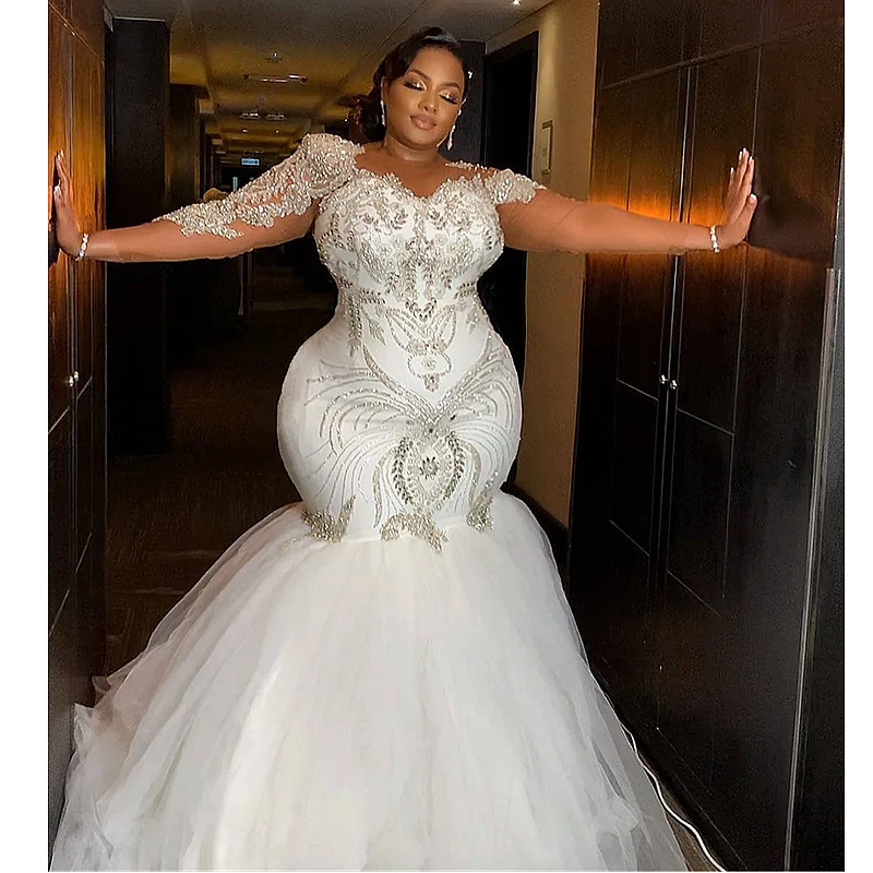 

Arabic Aso Ebi Luxury Mermaid Wedding Dress Crystals Beaded Long Sleeves Plus Size Bridal Gowns Embroidery Lace Appliques