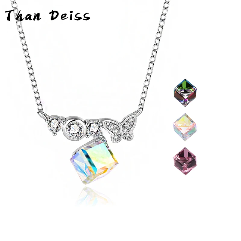 

Hot S925 Sterling Silver Butterfly Square Sugar Austrian Crystal Necklace Female Fashion Versatile Simple Collarbone Chain