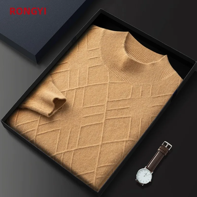 RONGYI 100%Pure Goat Cashmere Sweater Men's Loose Half Turtleneck Jacquard Pullovers Autumn Winter Youth High-End Knit Shirt Top