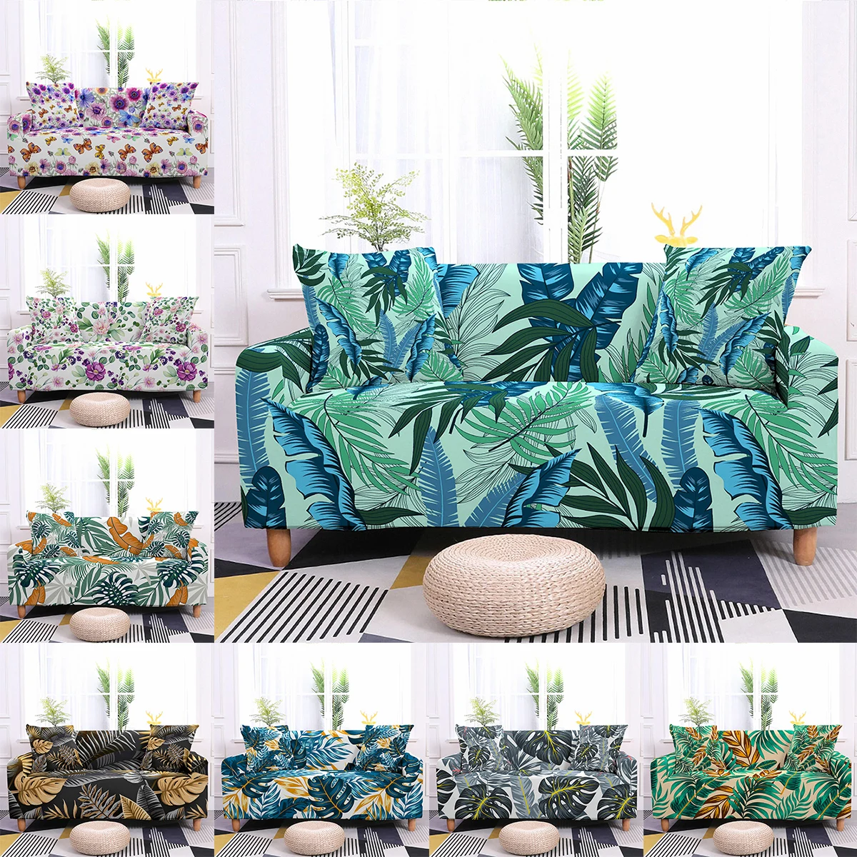 

Elastic Tropical Leaves Printed Couch Covers Corner Sofa Slipcovers L-shape Sofa Cover 1/2/3/4 Seater Floral Armchair Protector