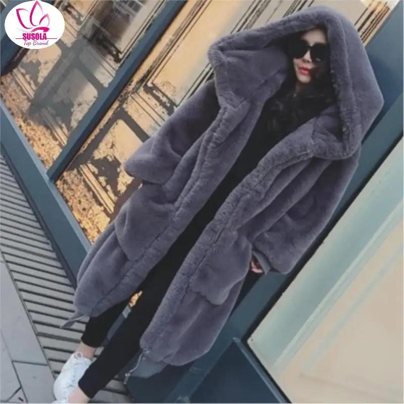 

SUSOLA Winter Warm Hooded Large Size Medium Length Solid Color Fur & Faux Fur Women Lady New Casual Long Sleeve Women Fur Coat