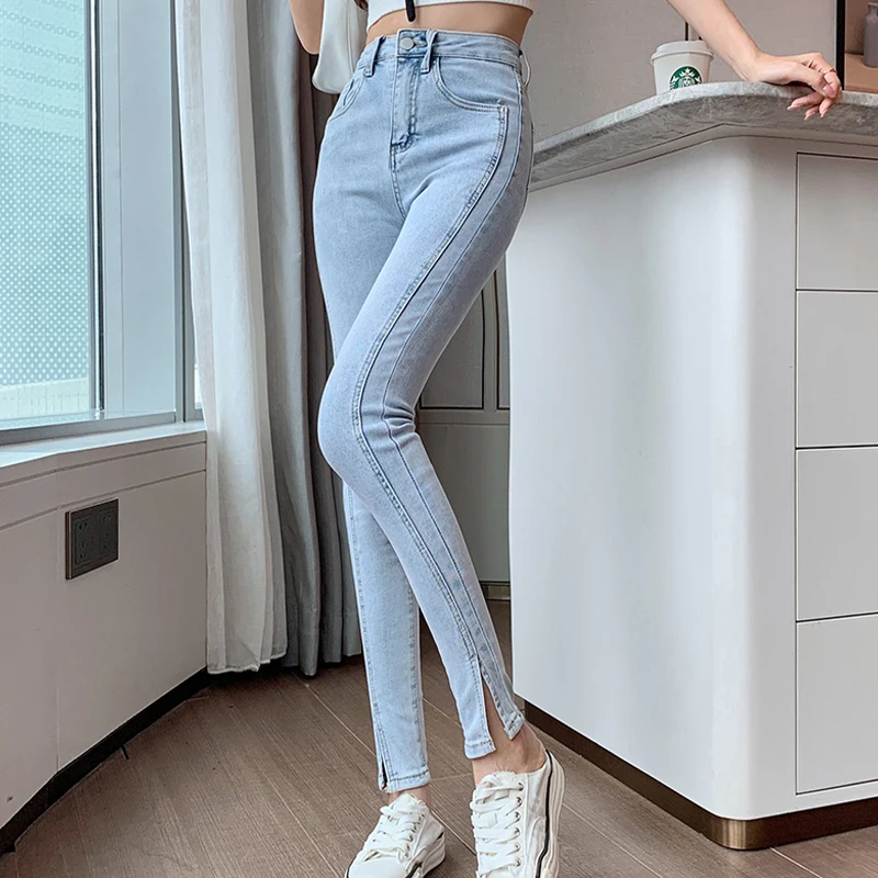 

Casual Versatile Jeans 2022 Spring Split Skinny Jeans High Waist Thin Elastic Tight Ninth Pants Fashion Women's Clothing