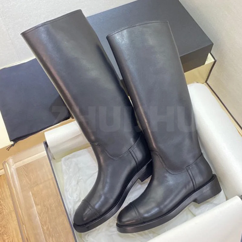 

Женские длинные ботинки, Осень-зима 2023, новинка, однотонная женская обувь из натуральной кожи с круглым носком и верхом, привлекательные рыцарские ботинки для взрослых