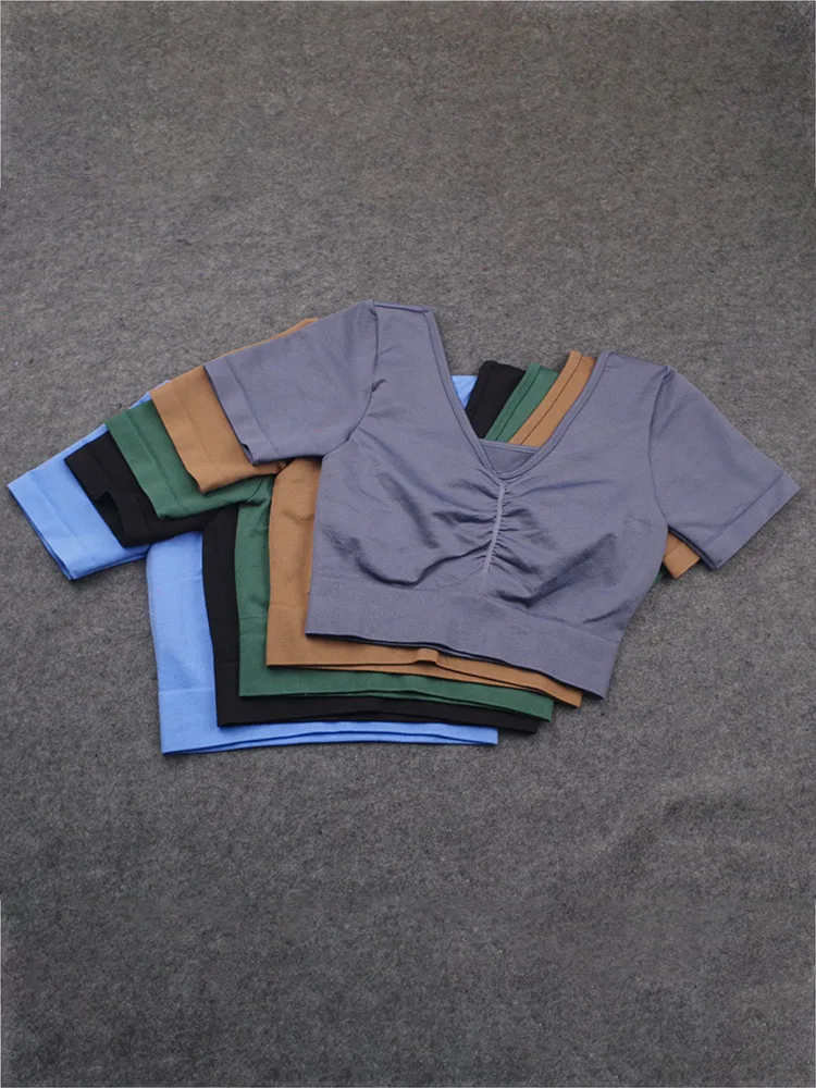 

Girl High Waist Yoga Short Sleeve Thin Exercise Crop Top Seamless Stretch Clothing Women Sport T-shirts Tight Breathable Shirts