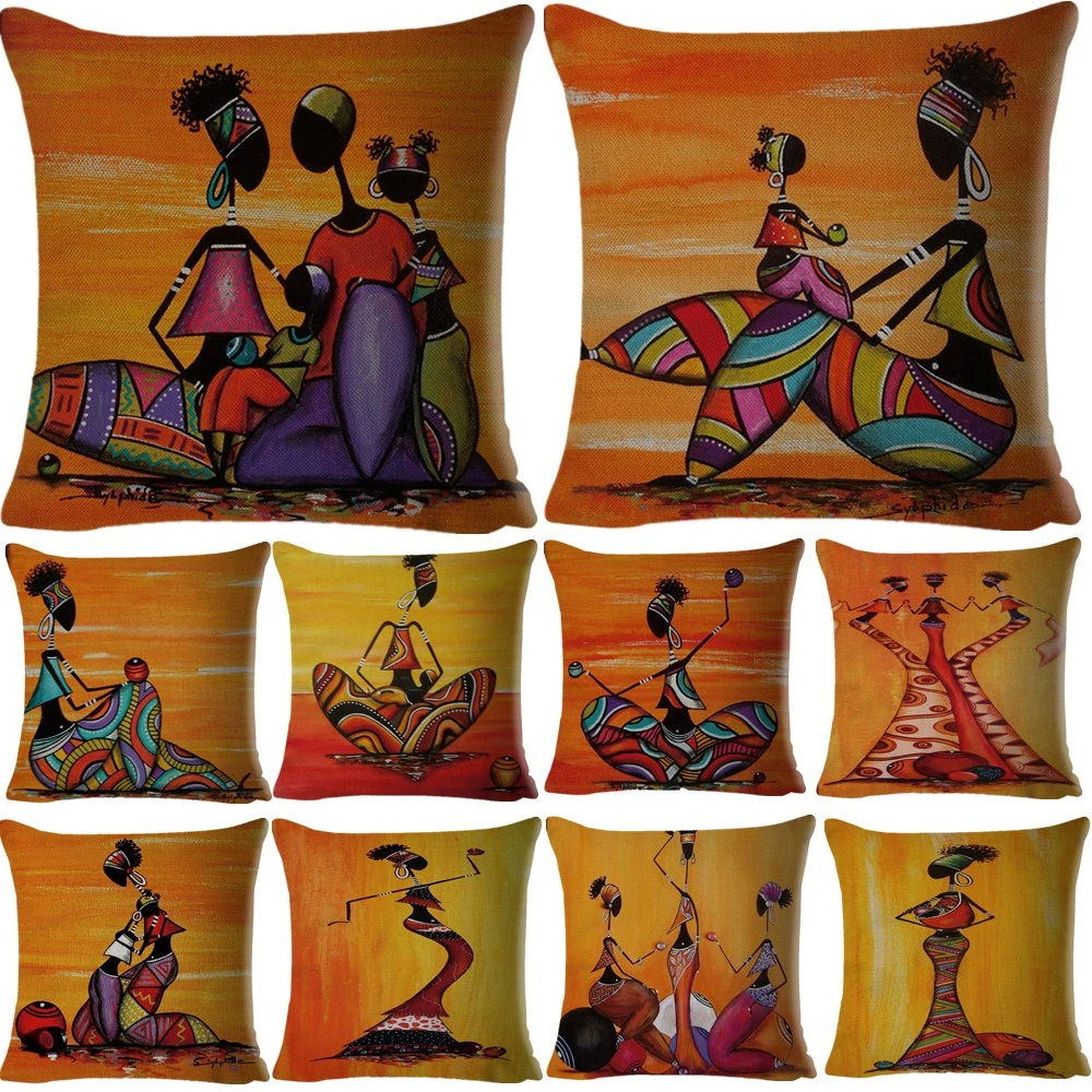 Africa Family Life Print Cushion Cover Linen 45x45cm Throw Pillow Case Vintage Oil Painting Style Pillow Case Mom Father Gifts