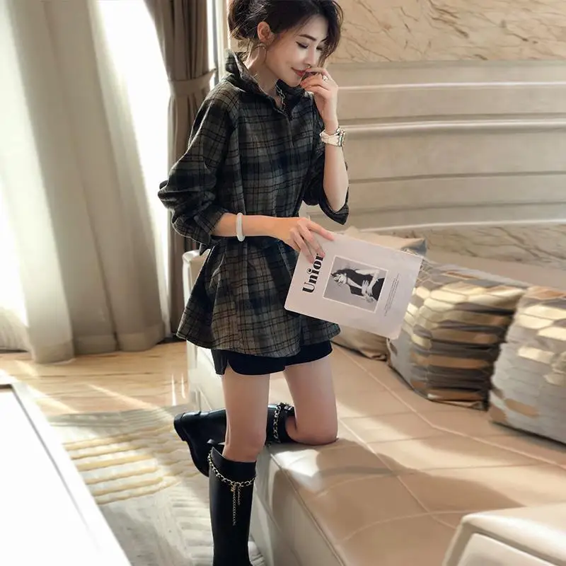 

Foreign style frosted Plaid thickened shirt women's design top long sleeve coat autumn and winter 2022 new style