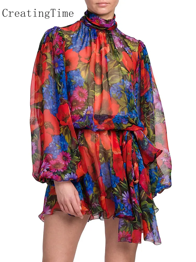

Printing Floral Dress Women Stand Collar Lantern Sleeve High Waist Colorblock Lace Up Mini Dresses Female Clothing Fashion 1A023