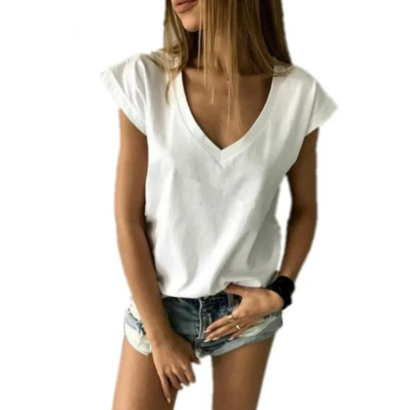 

LUOYIYANG Summer T Shirt Women Short Sleeve V Neck Loose Casual Sexy Women T Shirt Camisetas Feminina Lady Simple Tops