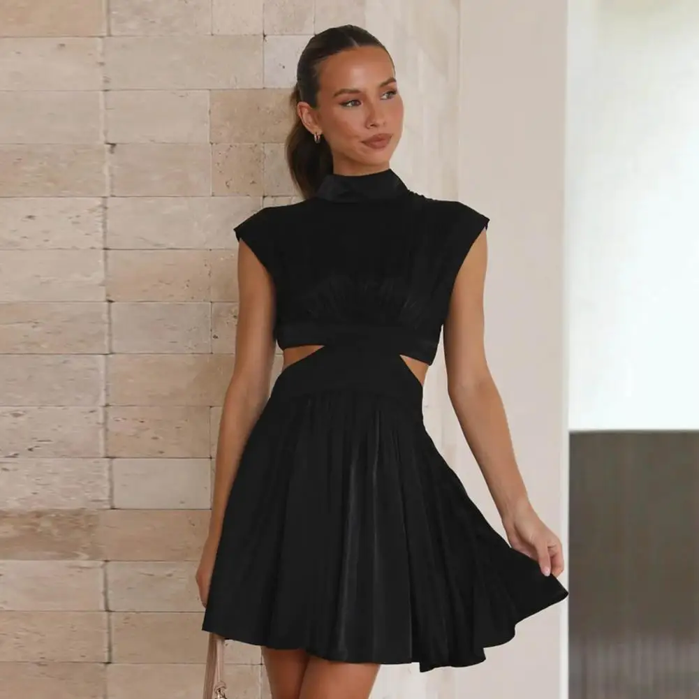 

Sweet Dress Waist Tight Casual Dress Solid Color Simple Casual Mini Dress