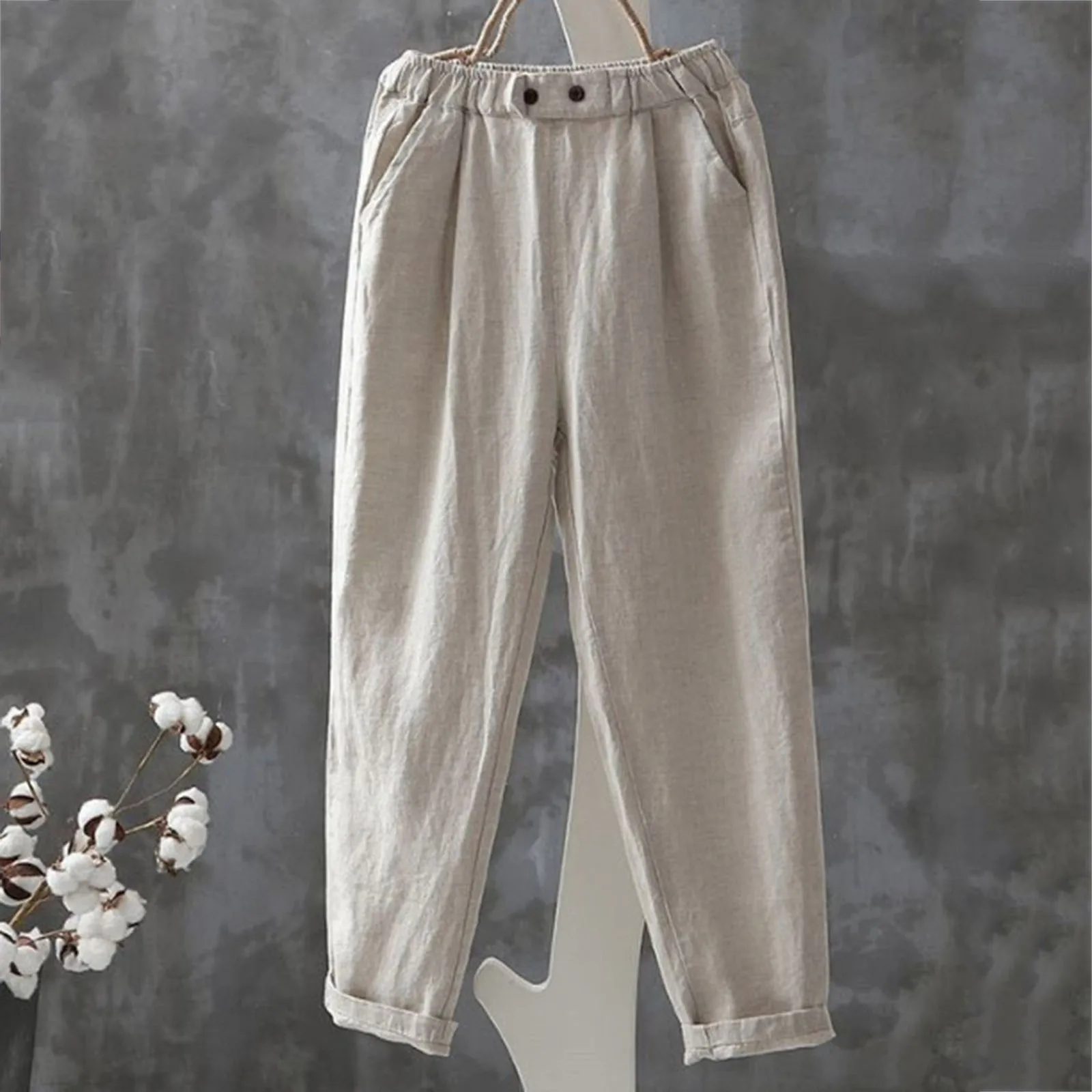 Women'S Retro Loose Casual Pants Cotton Linen Large Size Slim Harem Trousers Nine Point Ankle-Length Basic Female Carrot Pants