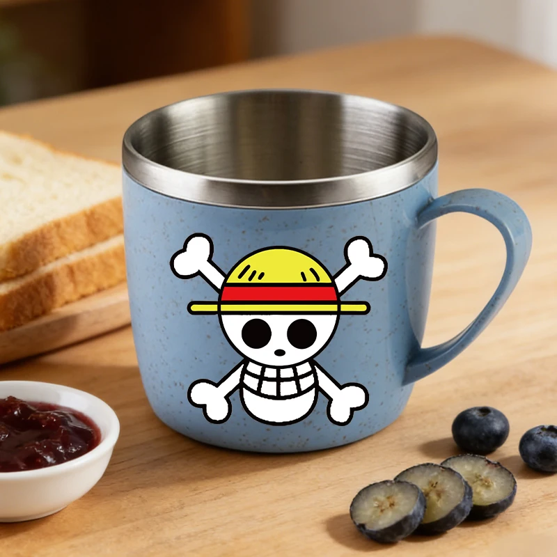 Фото Бутылка для воды из нержавеющей стали One Piece для мальчиков и девочек, с аниме-принтом, милая, с подставкой для зубной щетки, портативная, модная, детская кружка для воды №1