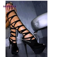 black high platform sandal boots 2022 new cut out stiletto heel sandals crystal knee high summer womens shoes sexy size 44