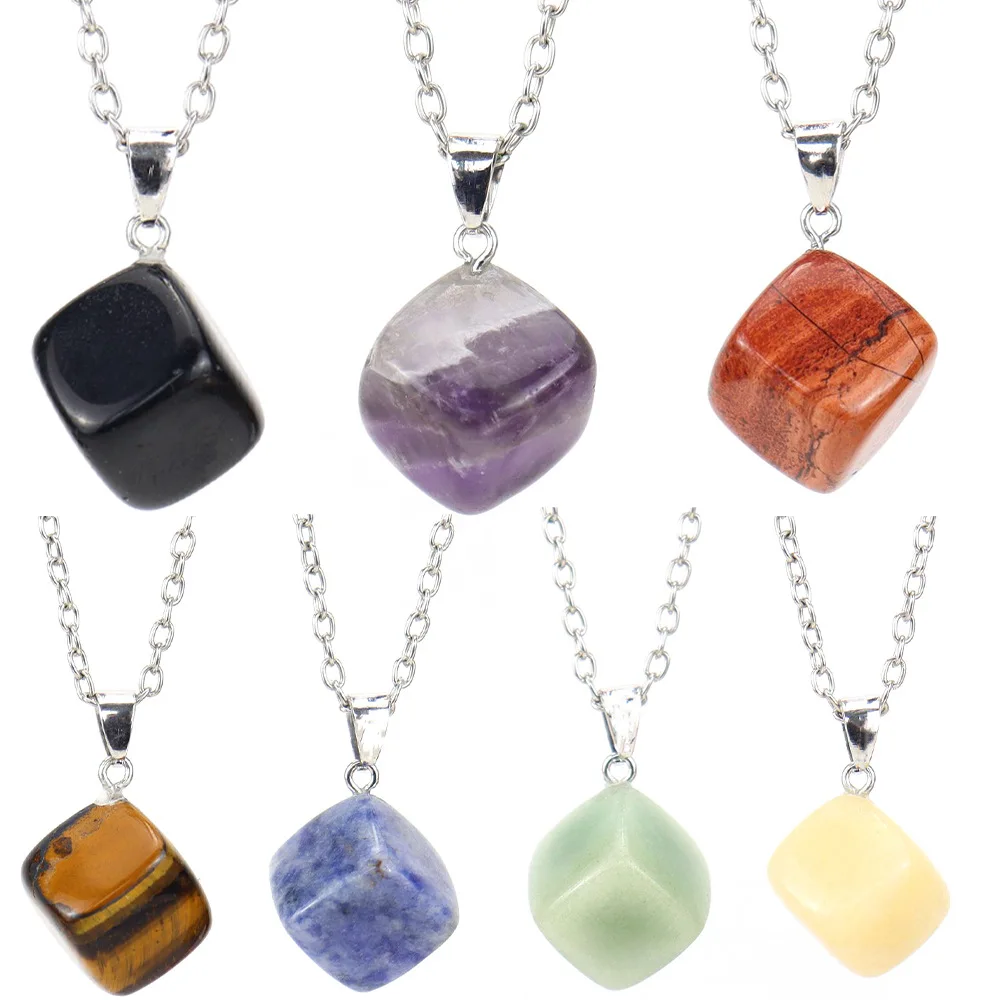 

Vintage Natural Stone Crystal Pendant Necklace for Women Amethyst Agate Opal Cube Square Pendant Necklace Jewelry Gift