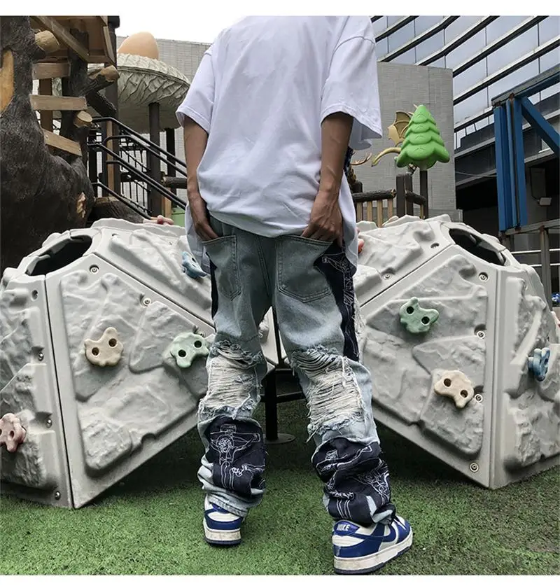 American jeans men's fashion brand high street hole hiphop hip hop straight wash cut cross print stitching denim trousers