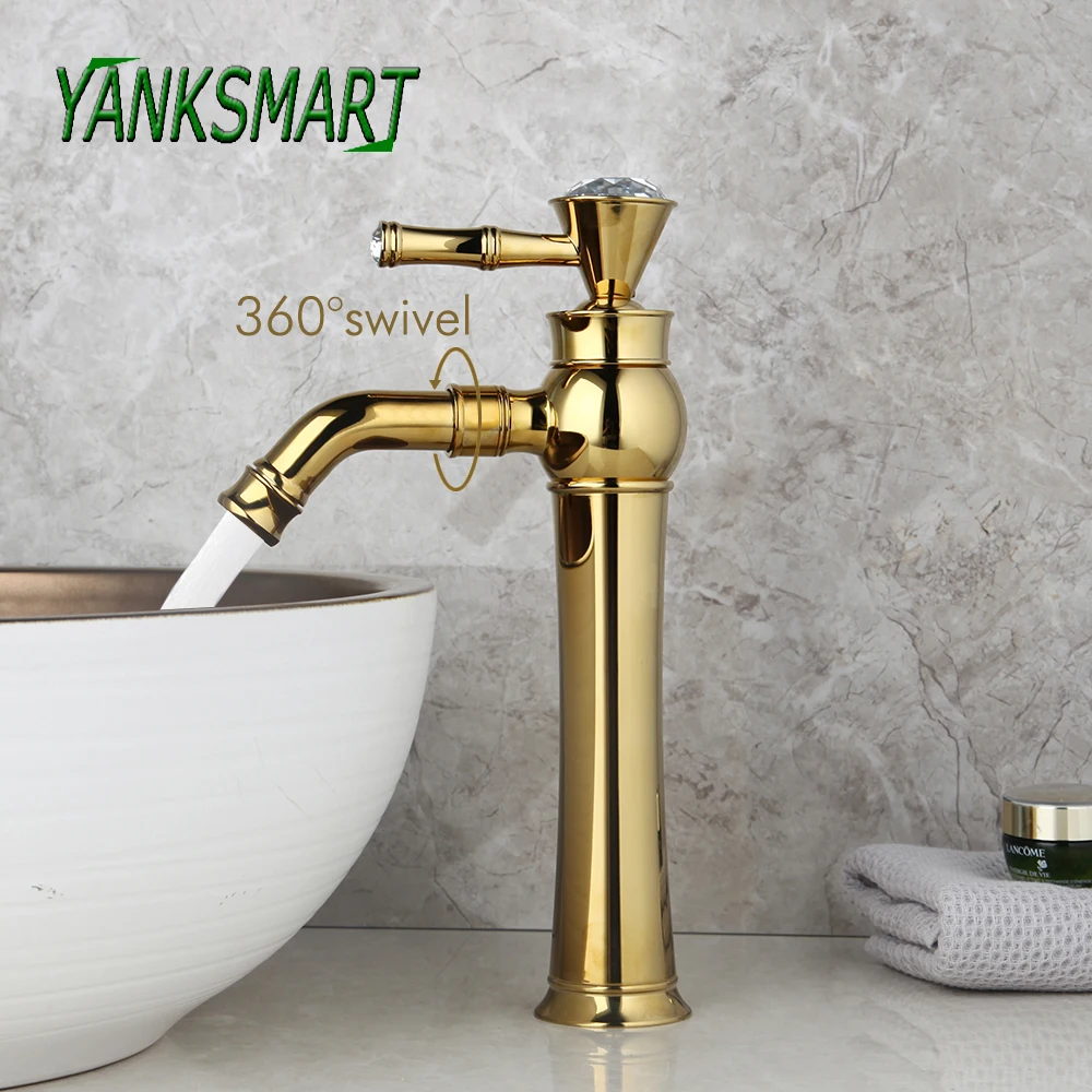 

YANKSMART Luxury Gold Polished Bathroom Faucet 360 Swivel Spout Deck Mounted Basin Faucets Washbasin Cold and Hot Sink Mixer Tap