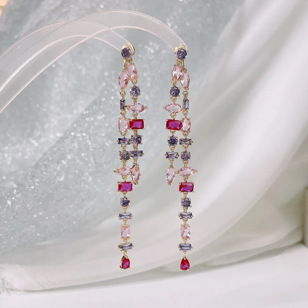 

Fashion geometric colorful zirconia drop-shaped tassel earrings European classic pink purple asymmetrical Trend jewelry
