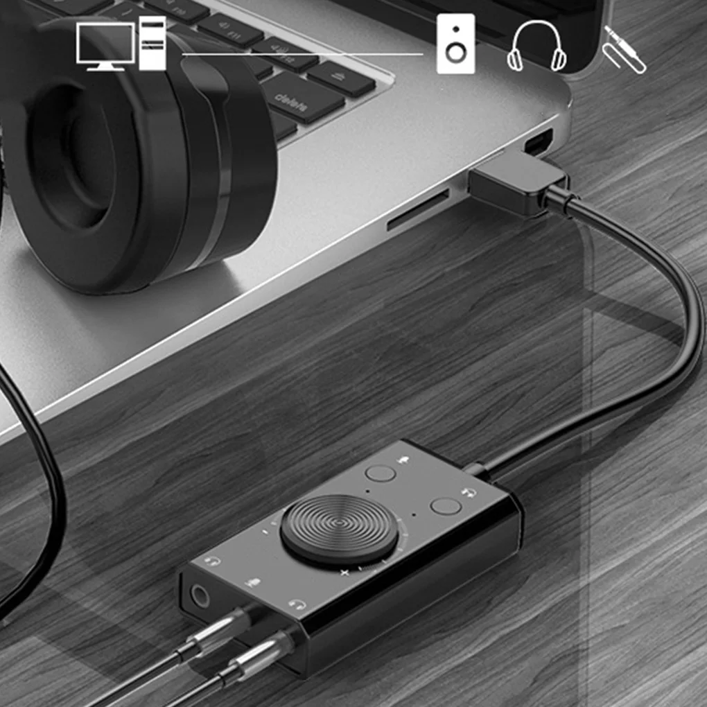 

Внешняя звуковая карта USB, стерео микрофон, динамик, гарнитура, аудиоразъем, кабель 3,5 мм, адаптер, переключатель отключения звука, регулиров...